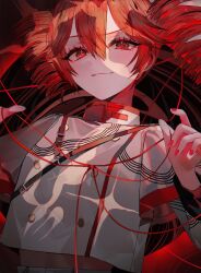  closed_mouth cropped female highres holding holding_string kasane_teto kasane_teto_(sv) light_smile looking_at_viewer muaooooo red_eyes red_hair red_nails shirt solo string synthesizer_v uniform upper_body utau  rating:questionable score: user:bot