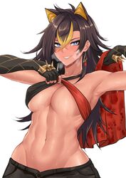 1girls areola_slip armpits armwear belly belly_button big_breasts black_hair blue_eyes breasts dark-skinned_female dark_hair dark_skin dehya_(genshin_impact) deroo female female_only fit fit_female genshin_impact heavy_breathing hips holding_towel horny horny_female huge_breasts large_breasts mouth_open pulling_clothing spiked_knuckles sweat sweating sweaty sweaty_belly tagme tan_skin thick tummy wet_towel white_background yellow_hair_streak yellow_striped_hair rating:Questionable score:152 user:Fumeknight1