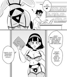 1boy1girl 1girls ass ass_cleavage big_breasts book bra breasts butt_crack choker comic dragon_ball dragon_ball_super dragon_ball_super_super_hero dragon_ball_z english_text funsexydragonball garter_belt garter_straps glasses lingerie monochrome shounen_jump son_gohan speech_bubble thighhighs videl videl_(dragon_ball_super) rating:Questionable score:126 user:ShadowNanako