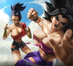 2girls action_pose armguard attacking_viewer big_breasts black_eyes black_hair breasts busty cameltoe caulifla cleavage clothing cloud dragon_ball dragon_ball_super ear_piercing earrings elitenappa female female_only female_saiyan fight fighting_pose fighting_stance huge_breasts incoming_attack kale large_breasts looking_at_viewer muscular muscular_female nipple_slip nipples open_mouth piercing pov pov_eye_contact saiyan sky sweat toned toned_female torn_clothes torn_clothing universe_6 universe_6/universe_7 wristband rating:Explicit score:296 user:Rex_Hollins