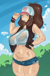 1girls bare_thighs breasts brown_hair female female_only hilda_(pokemon) khentaiu khentart large_breasts long_hair pokemon ponytail shorts solo sweat sweaty tank_top thighs rating:Explicit score:96 user:kris923