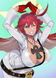 ankh ankh_necklace arms_above_head belt big_ass big_breasts big_butt blue_eyes breasts cleavage closed_eye female gloves guilty_gear guilty_gear_strive ippo ippoxbox jack-o'_valentine leaning_forward necklace one_eye_closed open_mouth red_hair tan_skin thick_thighs white_clothing rating:Explicit score:122 user:Bruhfuck69