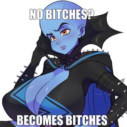 1girls alien alien_girl alien_only big_breasts blue_body blue_skin breasts bruh dreamworks embarrassed english english_text female female_focus female_only genderswap_(mtf) lips looking_at_viewer megamind megamind_(character) meme no_bitches?_(meme) orange_eyes pinkkoffin rule_63 simple_background white_background rating:Explicit score:157 user:Polio101