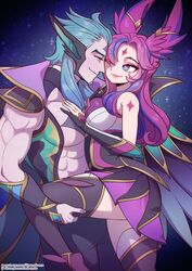 1boy 1girls animal_ears blue_eyes blue_hair clothed female gloves league_of_legends leg_grab looking_at_another male muscular_male one_eye_closed pink_hair pleated_skirt purple_hair rakan sleeveless smile star_guardian_rakan star_guardian_series star_guardian_xayah strongbana thighhighs vastaya xayah rating:Safe score:68 user:deleted101928