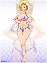 android_18 bikini blonde_hair blue_eyes dragon_ball dragon_ball_z hands_on_hips large_breasts layerth looking_at_viewer medium_hair watermark rating:Explicit score:25 user:TheKindHaremMaster