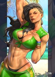 1girls asymmetrical_hair belt black_belt black_hair bracelet breasts brown_eyes capcom cleavage collarbone cowboy_shot crop_top cropped_legs dark-skinned_female dark_skin dougi female forehead front-tie_top green_pants hibren highres jewelry latina laura_matsuda long_hair looking_at_viewer martial_arts_belt midriff navel open_mouth pants redbone sleeveless solo street_fighter street_fighter_v thong rating:Explicit score:95 user:Crcole331