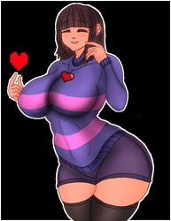 alternate_version_available big_ass big_breasts big_butt brown_hair closed_eyes clothed clothed_female crazypearl frisk hourglass_figure long_hair open_mouth smile smiling thick_thighs undertale undertale_(series) rating:Questionable score:65 user:reese66