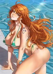 1girls big_breasts bikini breasts eye_contact female female_only light_skin long_hair looking_at_viewer micro_bikini nami one_piece orange_eyes orange_hair pool solo solo_female tattoo thick_thighs thighs ultrabinou rating:Questionable score:79 user:Thebuki