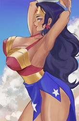 1girls 2022 amazon armpits arms_behind_head big_breasts blue_eyes breasts cleavage dark-skinned_female dark_blue_hair dc_comics dc_super_hero_girls diana_prince erect_nipples female female_only lalainn makeup perky_breasts pokies side_view sideboob solo star_earrings superheroine tanned_female thick_lips thick_thighs wide_hips wonder_woman wonder_woman_(series) rating:Explicit score:114 user:Tronitrus