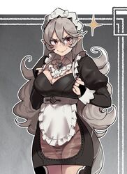 1girls alternate_costume apron bare_thighs black_panties black_underwear breasts cleavage corrin_(fire_emblem) corrin_(fire_emblem)_(female) female female_only fire_emblem fire_emblem_fates fully_clothed hairband highres inner_thighs large_breasts long_hair maid maid_apron maid_headdress nintendo panties pointy_ears red_eyes see-through smile solo thiccwithaq thick_thighs thighhighs thighs thong underwear very_long_hair wavy_hair white_hair rating:Questionable score:211 user:kris923