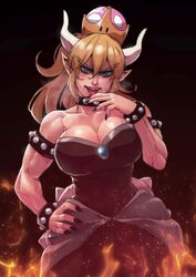 1girls armlet bare_shoulders biceps big_breasts black_background black_dress black_nail_polish black_nails blonde_hair blue_eyes bowsette bracelet bracelets breasts brooch busty choker cirenk claws cleavage collar crown curvy dress eye_contact fangs female female_focus female_only hand_on_hip hi_res high_resolution highres large_breasts light-skinned_female light_skin lips lipstick long_ears looking_at_viewer mario_(series) muscular muscular_female nail_polish nails new_super_mario_bros._u_deluxe nintendo open_mouth painted_nails pointy_ears pov_eye_contact red_lipstick sharp_fingernails sharp_nails simple_background smile smiling smiling_at_viewer solo solo_female solo_focus spiked_armlet spiked_bracelet spiked_bracelets spiked_choker spiked_collar strapless_dress super_crown tagme toned toned_body toned_female voluptuous rating:Questionable score:157 user:InstantNoodulz