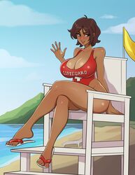 1girls bare_shoulders beach big_breasts breasts brown_hair busty cleavage curvy dark-skinned_female dark_skin detailed_background feet female female_focus female_only flip_flops large_breasts lifeguard medium_hair oc one-piece_swimsuit original original_character outdoors outside seaworthy smile smiling solo solo_female solo_focus swimsuit tagme thick_thighs thighs toksie voluptuous wave waving rating:Questionable score:293 user:InstantNoodulz