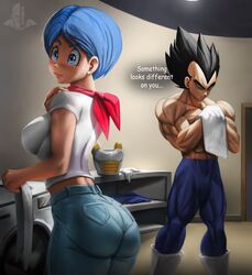 1boy 1girls abs armor ass big_ass black_hair blue_hair blush bottom_heavy breasts bubble_butt bulma_briefs clothing dat_ass dialogue doorway dragon_ball dragon_ball_super elitenappa fat_ass female huge_ass human husband husband_and_wife indoors large_ass male milf mother muscular muscular_male pants pantylines saiyan scarf shirt shirtless shounen_jump suspicious sweat sweatdrop text thick_thighs vegeta washing_machine wide_hips wife rating:Questionable score:157 user:Rex_Hollins