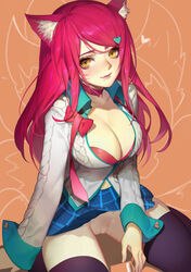 1girls ahri animal_ear_fluff animal_ears breasts female female_only league_of_legends looking_at_viewer skirt_lift smile songjikyo vagina yellow_eyes rating:Explicit score:88 user:IwannaloveSumirefromWildRomance