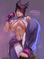 1boy 1girls abs anklet areola_slip areolae big_breasts capcom dialogue femdom foot_on_head juri_han lollipop muscular_female no_bodypaint paranoiddroid spiked_anklet street_fighter street_fighter_6 stripes tagme rating:Questionable score:330 user:Uglydude452