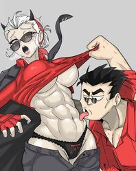 1girl1boy abs black_hair black_panties bow_panties glasses helltaker helltaker_(character) horns justice_(helltaker) licking licking_abs muscular muscular_female panties pants_down round_glasses shirt_lift sunglasses troymaheza underboob white_hair rating:Questionable score:168 user:Ailbe