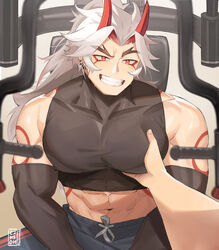 abs arataki_itto bara_tiddies crop_top gay genshin_impact heithanoll male_boobs male_only muscles pec_grab pec_squeeze piercings red_eyes smile smug_face squish white_hair workout_clothes rating:Safe score:229 user:AratakiHimbo