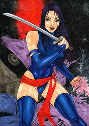 1girls betsy_braddock big_breasts curvaceous curvy_body curvy_female curvy_figure ed_benes_studio elizabeth_braddock female female_only holding_katana katana kwannon latex_gloves latex_thighhighs leotard long_hair looking_at_viewer mariah_benes marvel marvel_comics psylocke purple_hair signature solo solo_female straight_hair x-men rating:Explicit score:7 user:Dragon98