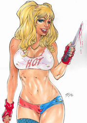 1girls batman_(series) big_breasts blonde_eyebrows blonde_hair blood blood_stain blue_eyeshadow blue_makeup blue_nail_polish blue_nails cleavage curvaceous curvy_body curvy_female curvy_figure dc dc_comics ed_benes_studio eyeshadow female female_only harley_quinn holding_knife holding_weapon iago_maia knife makeup nail_polish red_eyeshadow red_lipstick red_makeup red_nail_polish red_nails short_shorts short_top signature solo solo_female thong_panties twintails voluptuous voluptuous_female weapon rating:Questionable score:17 user:Dragon98