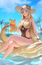 1girls bikini blonde_hair blue_eyes bracelet breasts drink earrings female guilty_gear guilty_gear_strive hat millia_rage necklace one_piece_swimsuit zomayuan rating:Questionable score:106 user:BiFemBoySlut