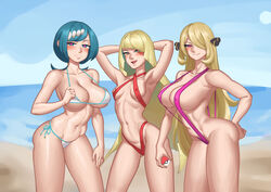 3girls big_breasts bikini bikini_bottom bikini_top black_eyes blonde_hair blue_eyes blue_hair blush breast_size_difference breasts cleavage cynthia_(pokemon) female female_only game_freak green_eyes hair hair_over_one_eye hands_behind_head heart-shaped_pupils hips huge_breasts lana's_mother_(pokemon) long_hair lusamine_(pokemon) mature mature_female mature_woman milf mother mrcrazyp3 multiple_milfs open_mouth pink_sling_bikini pokeball pokemon pokemon_dppt pokemon_sm red_sling_bikini skimpy skimpy_bikini sling_bikini smile swimsuit swimwear white_bikini rating:Explicit score:121 user:daft_human