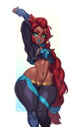 1girls aqua_eyes breasts breath_of_the_wild child_bearing_hips female female_focus female_only fully_clothed gerudo lipstick long_hair nintendo pants pointy_ears red_hair riju shiny_skin solo sweatpants tangobat the_legend_of_zelda thick_thighs thighs tight_clothing tight_pants wide_hips rating:Questionable score:609 user:Thebuki