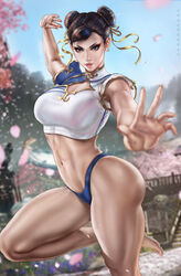 1girls bangle big_ass big_breasts black_eyes blue_sky boob_window bracelet breasts bridge brown_hair capcom cherry_blossoms chun-li cleavage cleavage_cutout clothing_cutout dandon_fuga double_bun earrings eyeshadow female female_only hair_bun hair_ribbon highres jewelry knee_up large_breasts lipstick looking_at_viewer makeup muscular muscular_female outdoors palms pearl_earrings petals ribbon short_sleeves sky smirk solo standing standing_on_one_leg street_fighter street_fighter_6 thick_thighs thong thunder_thighs tree yellow_ribbon rating:Questionable score:70 user:Crcole331