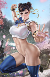 1girls bangle big_ass big_breasts black_eyes black_footwear blue_sky boob_window bottomless bottomless_female bracelet breasts bridge brown_hair capcom cherry_blossoms chun-li cleavage cleavage_cutout clothing_cutout dandon_fuga double_bun earrings eyeshadow female female_only hair_bun hair_ribbon highres jewelry knee_up large_breasts leggings lipstick looking_at_viewer makeup muscular muscular_female outdoors palms pearl_earrings petals ribbon short_sleeves sky smirk solo standing standing_on_one_leg stockings street_fighter street_fighter_6 thick_thighs thunder_thighs tree yellow_ribbon rating:Explicit score:111 user:Crcole331