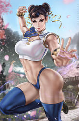 1girls bangle big_ass big_breasts black_eyes black_footwear blue_sky boob_window bracelet breasts bridge brown_hair capcom cherry_blossoms chun-li cleavage cleavage_cutout clothing_cutout dandon_fuga double_bun earrings eyeshadow female female_only hair_bun hair_ribbon highres jewelry knee_up large_breasts leggings lipstick looking_at_viewer makeup muscular muscular_female outdoors palms pearl_earrings petals ribbon short_sleeves sky smirk solo standing standing_on_one_leg stockings street_fighter street_fighter_6 thick_thighs thighhighs thong thunder_thighs tree yellow_ribbon rating:Questionable score:91 user:Crcole331