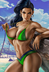 1girls abs areola_slip areolae armpits ass beach belly_button_piercing big_ass big_breasts bikini bikini_pull bikini_top black_hair bracelet bracelets breasts brown_eyes capcom clothed clothing dandon_fuga dark-skinned_female dark_skin earrings female female_only golden_bracelet golden_earrings green_bra green_panties human human_only jewelry large_breasts latina laura_matsuda long_hair looking_at_viewer muscle muscle_tone muscular muscular_female navel nipple_piercing palm_tree pierced_belly_button pierced_nipples pov redbone ring smile solo solo_female solo_focus standing street_fighter street_fighter_v swimsuit thick_thighs rating:Explicit score:38 user:Crcole331