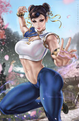 1girls bangle big_ass big_breasts black_eyes black_footwear blue_pants blue_sky boob_window bracelet breasts bridge brown_hair capcom cherry_blossoms chun-li cleavage cleavage_cutout clothing_cutout dandon_fuga double_bun earrings eyeshadow female female_only fully_clothed hair_bun hair_ribbon highres jewelry knee_up large_breasts leggings lipstick looking_at_viewer makeup midriff muscular muscular_female outdoors palms pants pearl_earrings petals ribbon short_sleeves sky smirk solo standing standing_on_one_leg street_fighter street_fighter_6 thick_thighs thunder_thighs tight_pants tights tree yellow_ribbon yoga_pants rating:Safe score:116 user:Crcole331