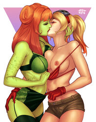 2d 2dnsfw 2girls bikini_top blonde_hair breasts breasts_out canon_couple clothed dc dc_comics exposed_breasts female_only green-skinned_female green_skin hand_on_ass harley_quinn hi_res homosexual homosexual_female imminent_sex kissing lesbian lesbian_kiss light-skinned_female light_skin looking_pleasured pamela_isley passionate poison_ivy red_hair simple_background undressing yuri rating:Explicit score:160 user:Hannahdavey