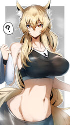 1girls 2023 ? animal_ears arknights belly belly_button blonde_hair breasts collarbone gin_moku hi_res horse_ears horse_girl horse_tail large_breasts light-skinned_female light_skin long_hair looking_at_viewer navel nearl_(arknights) solo sports_bra standing tail towel upper_body very_long_hair yellow_eyes rating:Questionable score:71 user:MatTheV24-7