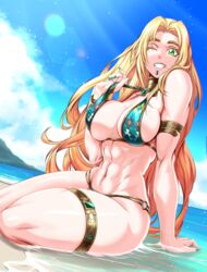 1girls 2022 abs armlet athletic athletic_female beach bikini blonde_hair breasts facial_piercing fate/grand_order fate_(series) female female_only fit fit_female green_eyes grin hi_res hips huge_breasts light-skinned_female light_skin long_hair muscular muscular_female outdoors pointy_teeth quetzalcoatl_(fate) slim_waist smile tagme thick_thighs thighlet thighs wide_hips wink zantyarz rating:Questionable score:180 user:WingGundam95