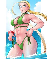 1girls abs armwear big_breasts bikini bikini_bottom bikini_top blonde_hair blue_eyes bracelet braid braided_hair breasts cammy_white capcom dangerousbride female female_only green_bikini lips nails solo solo_female street_fighter swimsuit swimwear thick_thighs thighs rating:Questionable score:52 user:daft_human