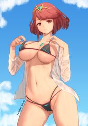 1girls alternate_version_available big_breasts bikini bikini_bottom bikini_top bottomwear breasts cleavage female female_only hair open_shirt pyra red_bikini red_eyes red_hair short_hair solo solo_female swimsuit swimwear topwear white_shirt xenoblade_(series) xenoblade_chronicles_2 zelc-face rating:Questionable score:53 user:daft_human