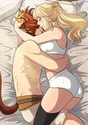 1boy 1girls animal_ears black_legwear blonde_hair cat_ears cat_tail closed_eyes female final_fantasy final_fantasy_xiv hi_res hugging hyur kinkymation long_hair lyse_hext male miqo'te on_bed on_side ponytail red_hair scar scar_across_eye smile tail thighs warrior_of_light wholesome yellow_highlights rating:Safe score:61 user:!nner$elf89