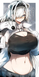 animal_ears aqua_eyes arknights aurora_(arknights) black_hairband blue_eyes breasts cleavage female gin_moku hair_ornament hair_over_one_eye hairband highres jacket large_breasts long_hair looking_at_viewer midriff navel solo steam upper_body white_hair white_jacket rating:Questionable score:95 user:JJA122