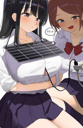 2022 2girls bare_arms black_eyes black_hair blush bow bowtie bra bra_peek breast_hold breasts brown_hair button_gap clothed clothing crossed_legs eyebrows_visible_through_hair female female_only fully_clothed highres holding_object kaisen_chuui large_breasts long_hair matching_hair/eyes multiple_girls open_mouth original pink_bra pleated_skirt school_uniform shirt short_hair simple_background sitting skirt smile solar_panels speech_bubble sweat sweatdrop text thighs tongue underwear uniform white_hair rating:Questionable score:99 user:Blookryynnn