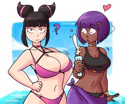 2girls asian asian_female big_breasts black_hair bob_cut breast_awe breasts capcom dark-skinned_female dark_skin egyptian female female_only green_eyes huge_breasts juri_han korean kujikawaii light-skinned_female lotion lotion_bottle menat pink_highlights purple_hair red_eyes shiny_breasts shiny_skin squirting_bottle staring staring_at_breasts street_fighter street_fighter_v super_street_fighter_iv surprised swimsuit yuri rating:Questionable score:68 user:Anon1678