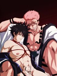 2boys abs bangs black_hair bondage bound chest_tattoo evil_smile facial_tattoo frown fushiguro_megumi gay groin jacket japanese_clothes jujutsu_kaisen kimono leg_tattoo looking_at_viewer male male/male male_focus male_only multi_eye multiple_boys muscular muscular_male nala1588 navel nipples pectorals pink_hair pubic_tattoo red_eyes ryoumen_sukuna_(jujutsu_kaisen) short_hair size_difference smile smirk spiked_hair tattoo white_kimono yaoi rating:Questionable score:32 user:Kisumi