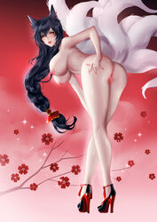 1girls 9_tails ahri ass bending_over big_breasts black_hair dark_hair female female_focus female_only fox_ears fox_girl heels heheneko kitsune large_breasts league_of_legends long_hair long_legs pale-skinned_female presenting presenting_pussy pussy suggestive suggestive_look tail thighs wet rating:Explicit score:109 user:La_weai_qlia