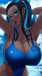 alternate_breast_size big_breasts black_hair black_skin busty cleavage curvaceous curvy_body curvy_female erect_nipple erect_nipples_under_clothes long_hair nessa_(pokemon) nipple_bulge pokemon pokemon_ss seductive_eyes seductive_mouth sumisumii voluptuous voluptuous_female rating:Questionable score:229 user:Dragon98