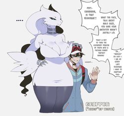 2021 anthro big_breasts breasts choker cleavage clothed clothing dialogue duo english_text female fur generation_5_pokemon griffon_(thiccwithaq) hand_on_hip hi_res human human_on_pokemon larger_female legendary_pokemon male mammal nintendo offscreen_character pokemon pokemon_(species) profanity reshiram reshiram_(thiccwithaq) size_difference smaller_male speech_bubble text thiccwithaq video_games white_body white_fur rating:Questionable score:235 user:!nner$elf89