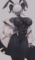 bangs bare_shoulders belly_button black_body breasts bunny_ears bunny_girl bunnysuit cleavage crown curved_horn dark-skinned_female dark_skin detached_collar fishnets gold_eyes hair_ornament headwear horns ill_(ub1mo) large_breasts navel navel_line open_clothes original smug tagme tail thick_tail ub1mo voluptuous white_hair rating:Questionable score:71 user:CalZone