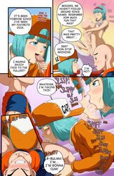 1boy 1girls 2021 ambiguous_penetration assertive assertive_female bent_over blue_eyes blue_hair breasts bulma_briefs bulma_briefs_(cell_saga) bulma_briefs_(frieza_saga) closed_eyes colored comic comic_page cowgirl_position deepthroat dialogue dragon_ball dragon_ball_z english_text fellatio female hairband hand_on_penis hat hi_res krillin kuririn male oral penis popblackcherry saliva sex shirt_lift short_hair speech_bubble straight text rating:Explicit score:95 user:Moxee