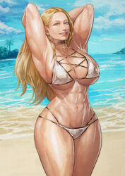 armpits athletic_female beach blonde_hair blue_eyes cirenk cleavage curvaceous fit_female hoop_earrings kolin large_breasts long_hair muscular_female smiling_at_viewer street_fighter street_fighter_v swimsuit toned_female voluptuous wide_hips rating:Questionable score:162 user:LukeTikTok