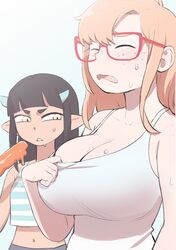 2girls black_hair blonde_hair breast_envy breasts_bigger_than_head colo demon demon_girl demon_horns female female_only freckles funny girl_staring_at_guy's_chest glasses heat heat_(temperature) huge_breasts ice_cream large_breasts looking_at_breasts meme myphia_(colo) rita_(colo) small_breasts sweat sweet_hex tank_top yellow_eyes rating:Explicit score:209 user:ArtBro