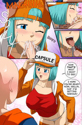 1boy 1girls 2021 ass assertive assertive_female bent_over blue_hair bulma_briefs bulma_briefs_(cell_saga) closed_eyes comic comic_page cum cum_in_mouth cum_inside cum_on_tongue cum_string deepthroat dialogue dragon_ball dragon_ball_z fellatio female hat head_grab hi_res imminent_sex krillin kuririn male one_eye_closed oral panties penis popblackcherry saliva short_hair smiling speech_bubble straight swallowing swallowing_cum text tongue_out undressing unseen_male_face rating:Explicit score:98 user:Moxee