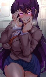 1girls aroused biting_lip breasts clothed clothed_female doki_doki_literature_club drooling female glowing_eyes hands_on_face horny huge_breasts looking_at_viewer nisego purple_hair pussy_juice pussy_juice_drip school_uniform thick_thighs wet wet_pussy yandere yuri_(doki_doki_literature_club) rating:Questionable score:270 user:SquadalaGuy